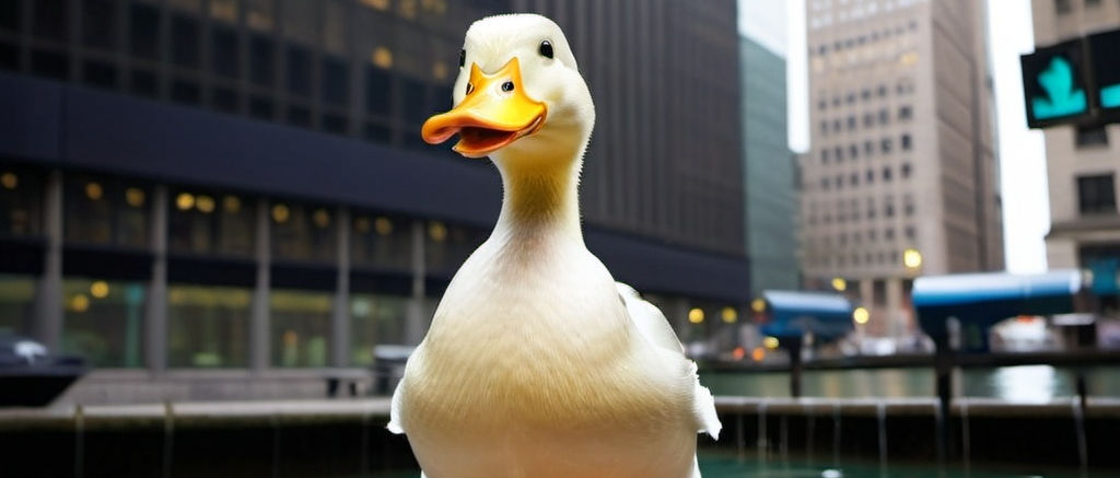 A duck in front of city office towers